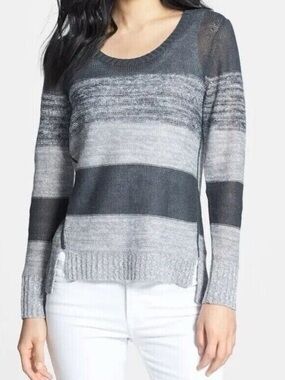 Eileen Fisher Organic Linen Gray Striped Long Sleeve Women’s XS Natural Fibers